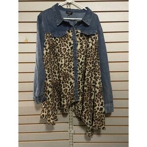 Denim And Chiffon Animal Print Button Down Sirt/shackett Blue/Brown 3x
